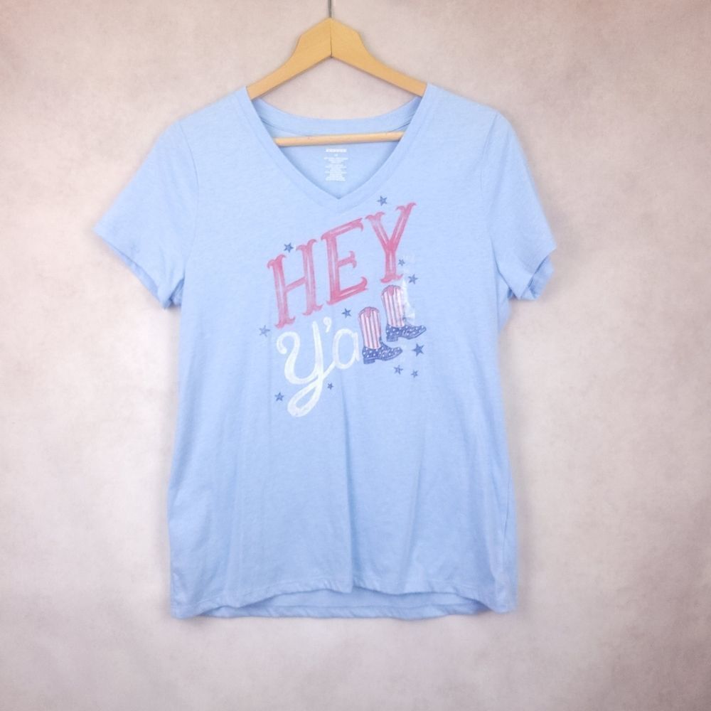 4th of July Tshirt Hey Y'all Cowboy Western Blue Red Short Sleeve Size Med